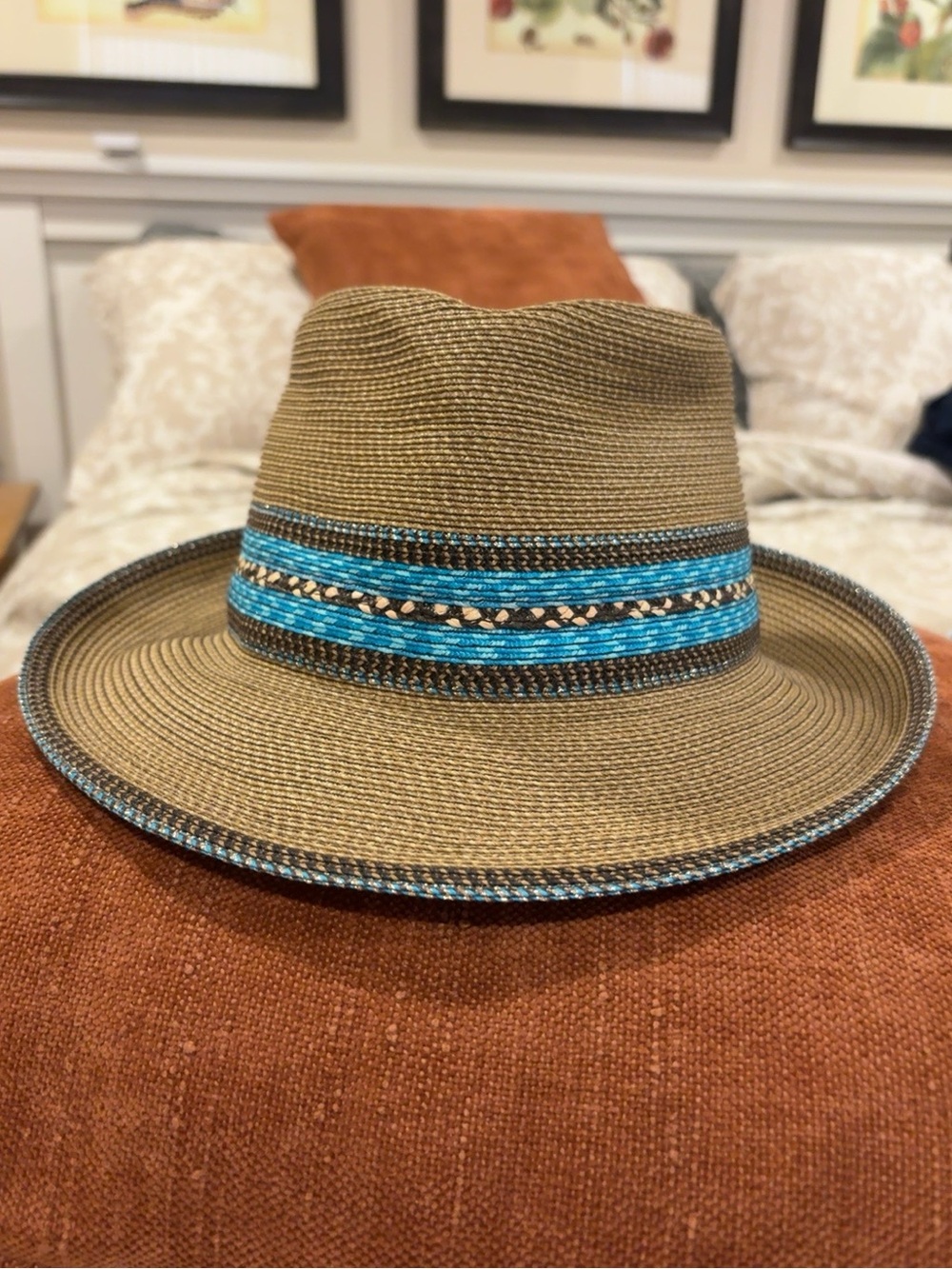 Eric Javits New York Woven Fedora Hat Brown Turquoise Packable - Picture 3 of 10